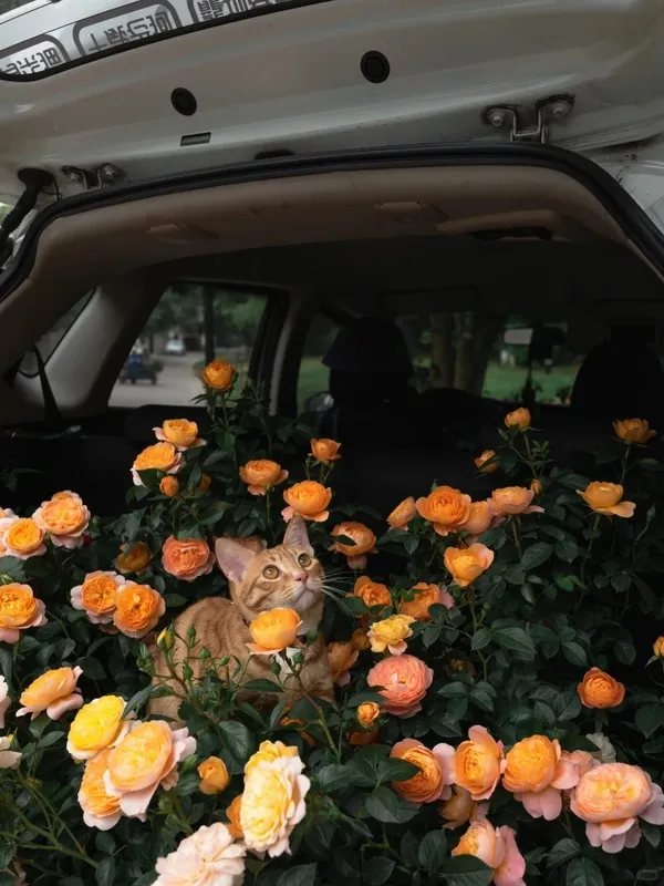A cat nestled among fresh roses in the car trunk — proof that classic blooms and pets can share the spotlight.