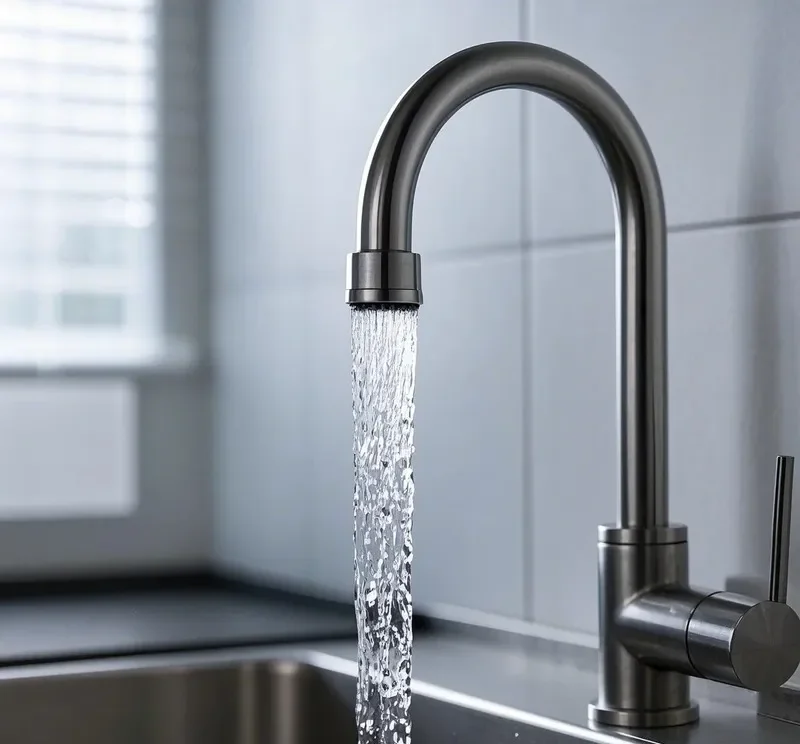 Running tap water from a kitchen faucet — illustrating how regular tap water can be conditioned for Calathea care.