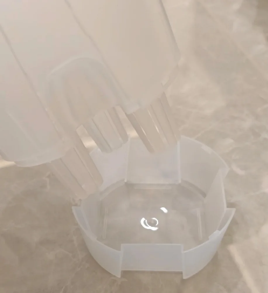 Clear self-watering pot reservoir showing water level for bottom watering a Calathea